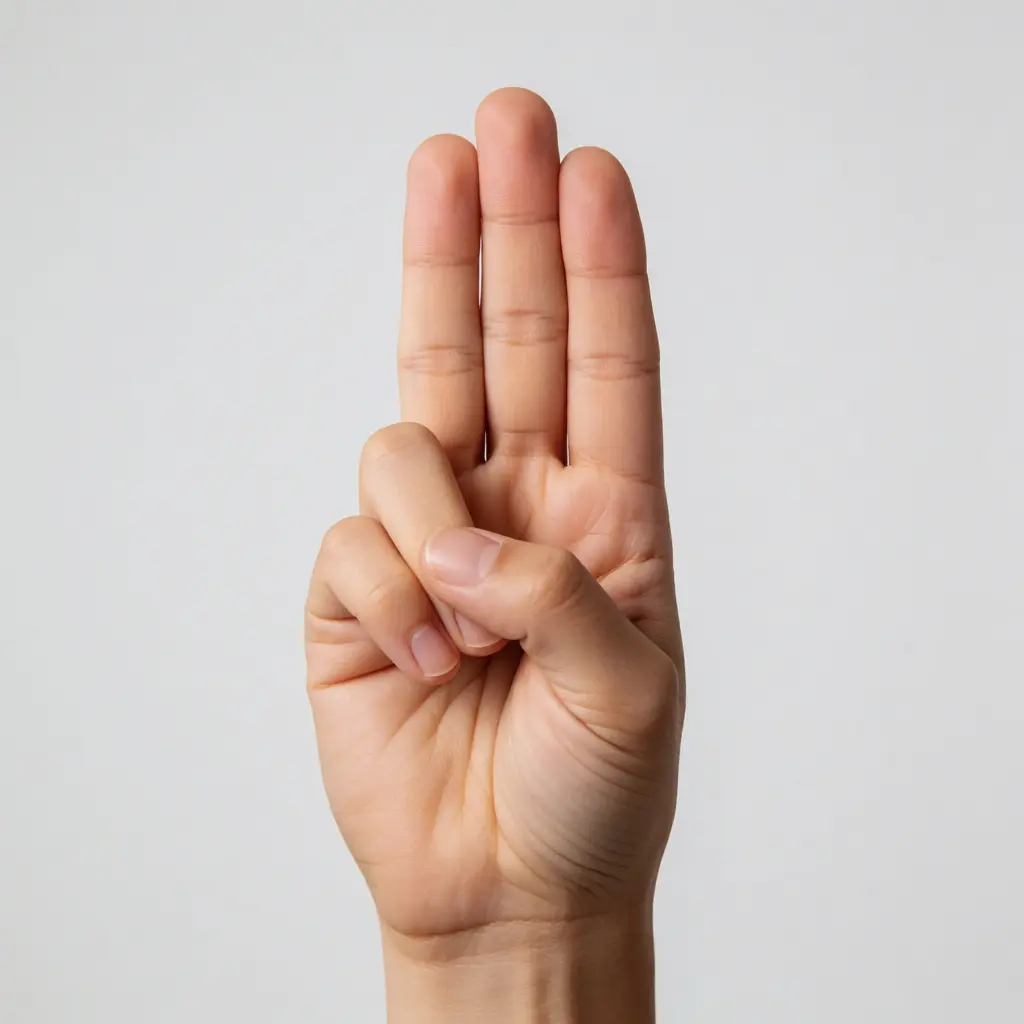 AI-generated image of a white hand with three fingers extended and another three folded.