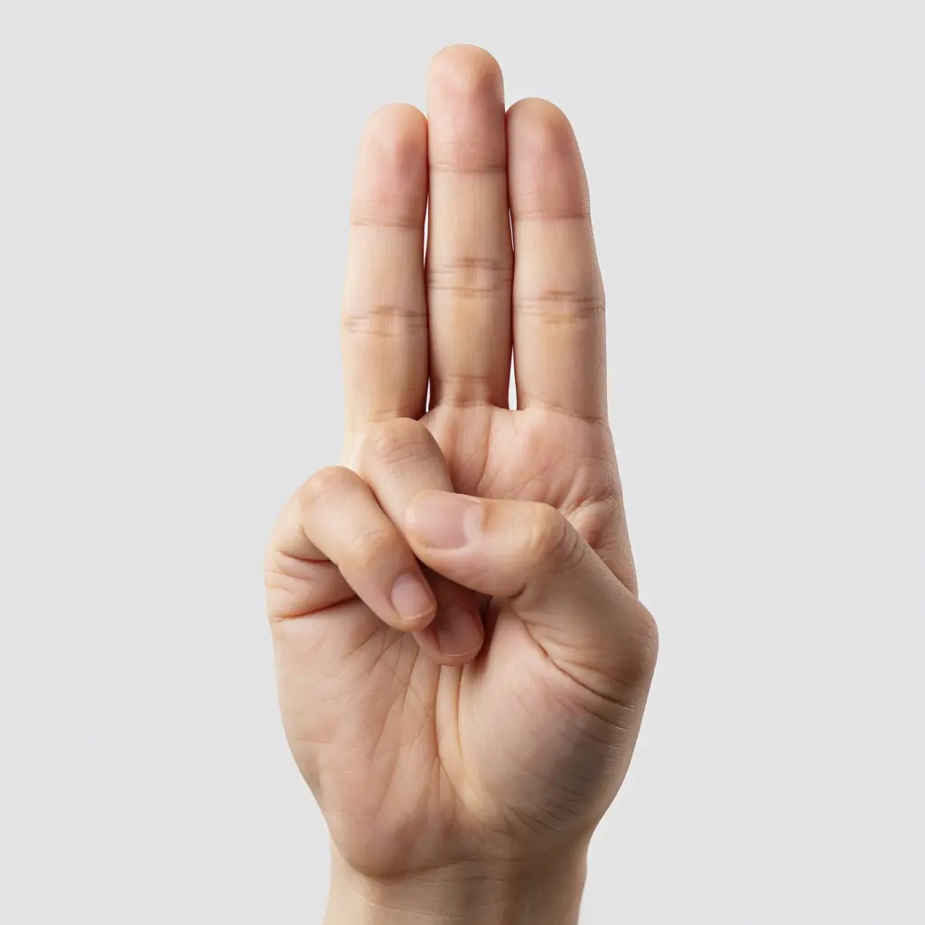 AI-generated image of a white hand with three fingers extended and another three folded.