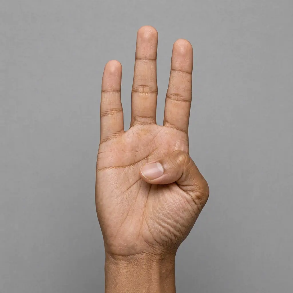 AI-generated image of a hand with three fingers extended, a folded thumb, and no fifth finger.