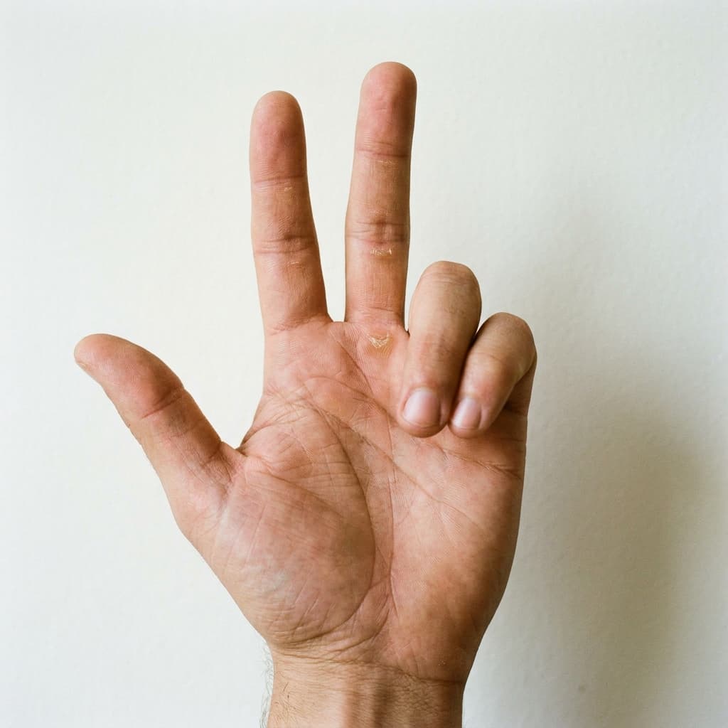 AI-generated image of a white hand with three fingers extended and two folded.