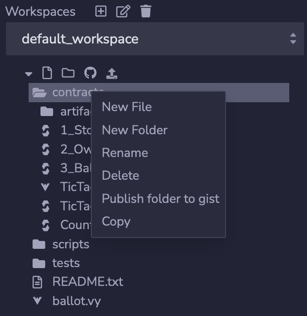 Screenshot of a file explorer with the following folders: contracts, scripts, tests. The contracts folder is expanded and selected. A context menu is open with the following options: New File, New Folder, Rename, Delete, Publish folder to gist, Copy