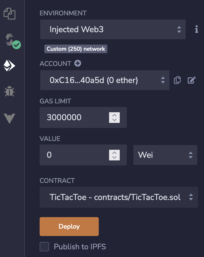 Screenshot of a web form with the following fields: Environment: Injected Web3, Account: 0xC16...40a5d (0 ether), Gas Limit: 3000000, Value: 0 Wei, Contract: TicTacToe - contracts/TicTacToe.sol, and a button labeled Deploy