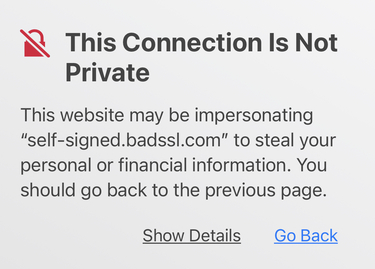 Screenshot showing a red crossed out padlock icon, with a heading next to it that says: This Connection Is Not Private. Below if the following text: This website may be impersonating self-signed.badssl.com to steal your personal or information. You should go back to the previous page. Below are two links: A less prominent one labeled Show Details and a more prominent one labeled: Go Back